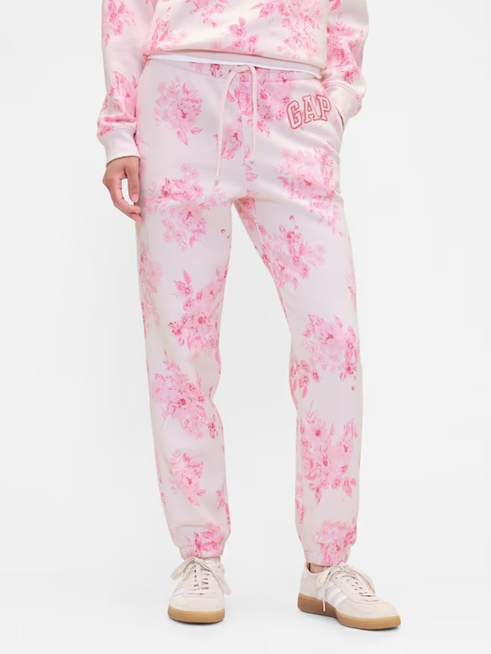 GAP White and Pink Floral Drawstring Joggers Size M Relaxed Fit Logo Pockets